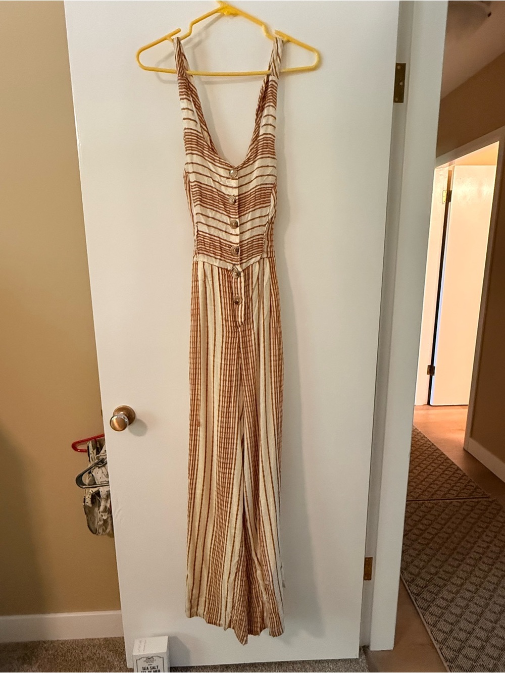 Angie Cream and Burnt Sienna Striped Button-Front Jumpsuit